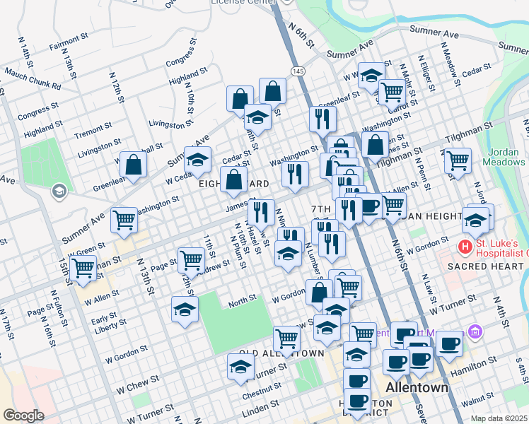 map of restaurants, bars, coffee shops, grocery stores, and more near 920 Tilghman Street in Allentown
