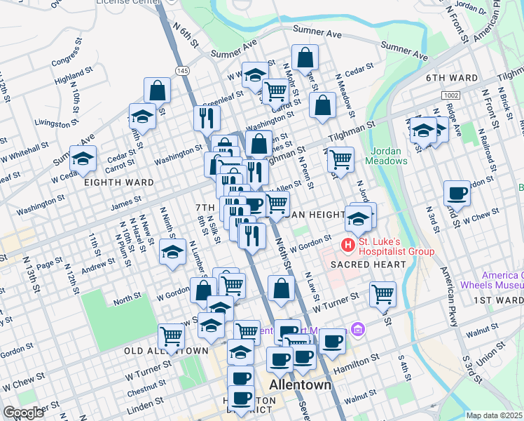 map of restaurants, bars, coffee shops, grocery stores, and more near 602 North 6th Street in Allentown
