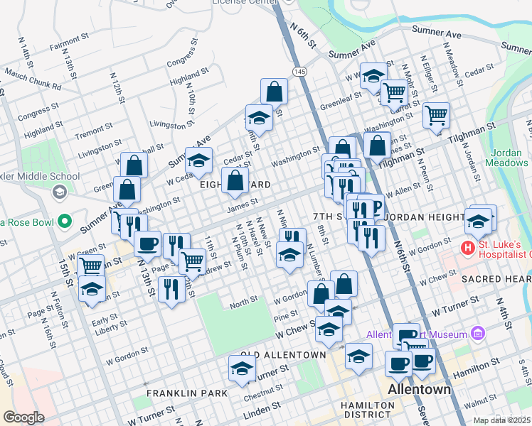 map of restaurants, bars, coffee shops, grocery stores, and more near 920 Tilghman Street in Allentown