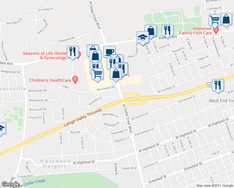 map of restaurants, bars, coffee shops, grocery stores, and more near 3202 Winchester Road in Allentown