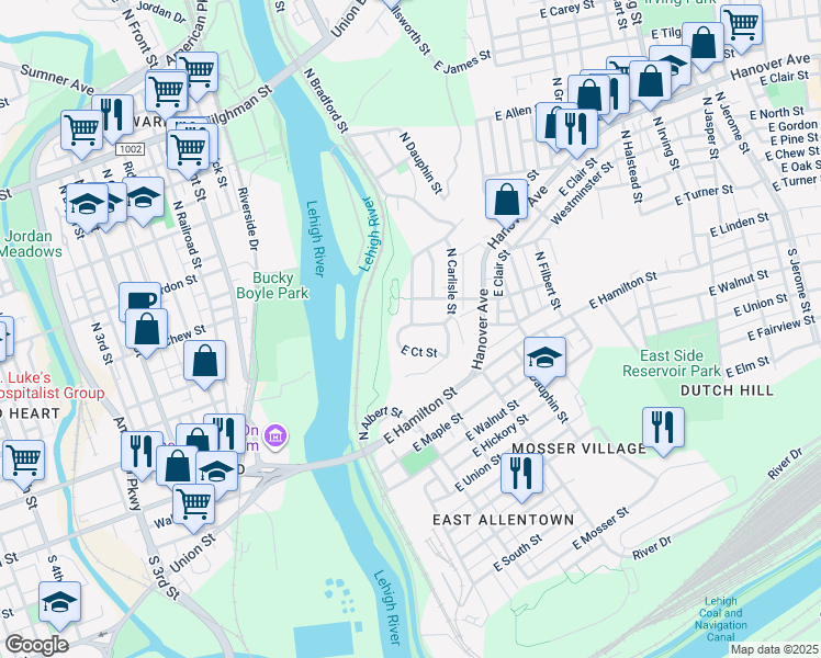 map of restaurants, bars, coffee shops, grocery stores, and more near 198 East Edison Street in Allentown