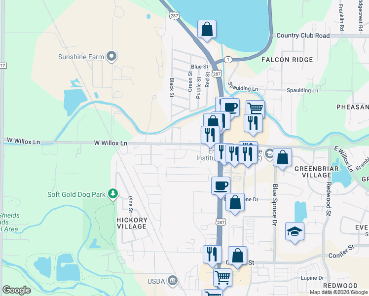 map of restaurants, bars, coffee shops, grocery stores, and more near 218 West Willox Lane in Fort Collins