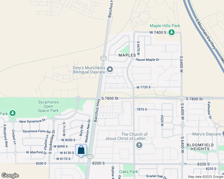 map of restaurants, bars, coffee shops, grocery stores, and more near 6833 Tupelo Lane in West Jordan