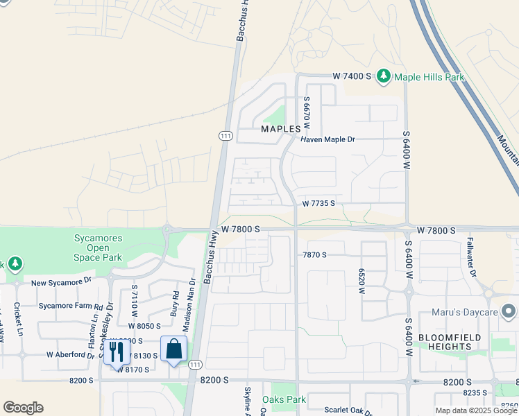 map of restaurants, bars, coffee shops, grocery stores, and more near 6793 Tupelo Lane in West Jordan
