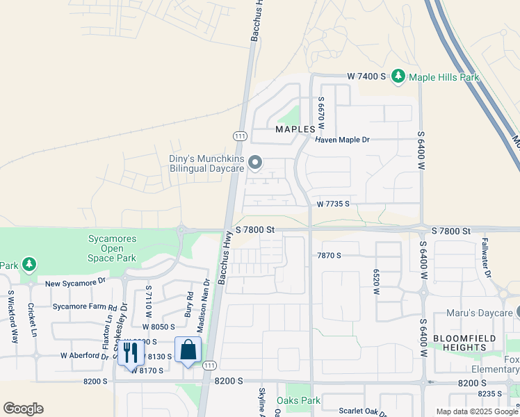 map of restaurants, bars, coffee shops, grocery stores, and more near 6833 Tupelo Lane in West Jordan