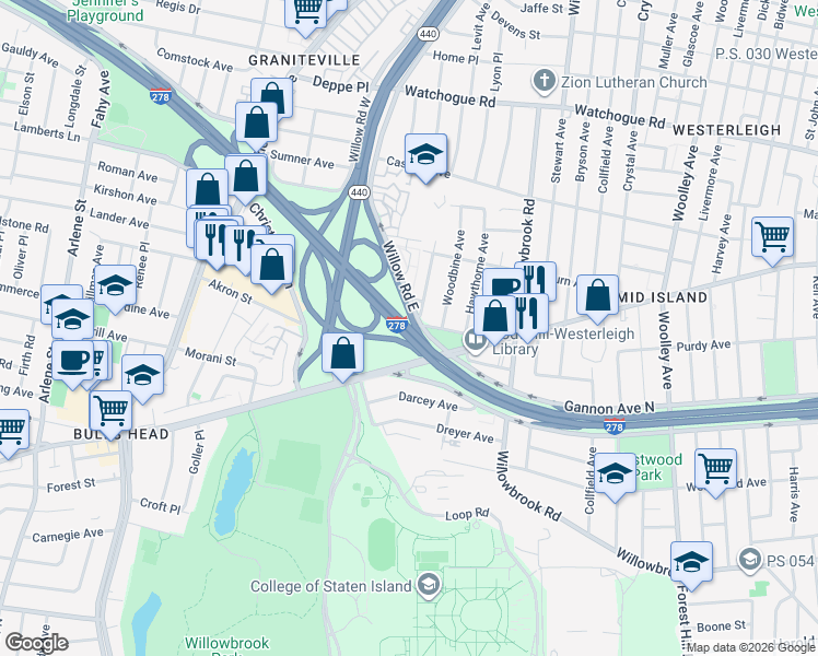 map of restaurants, bars, coffee shops, grocery stores, and more near Staten Island Expressway in Staten Island