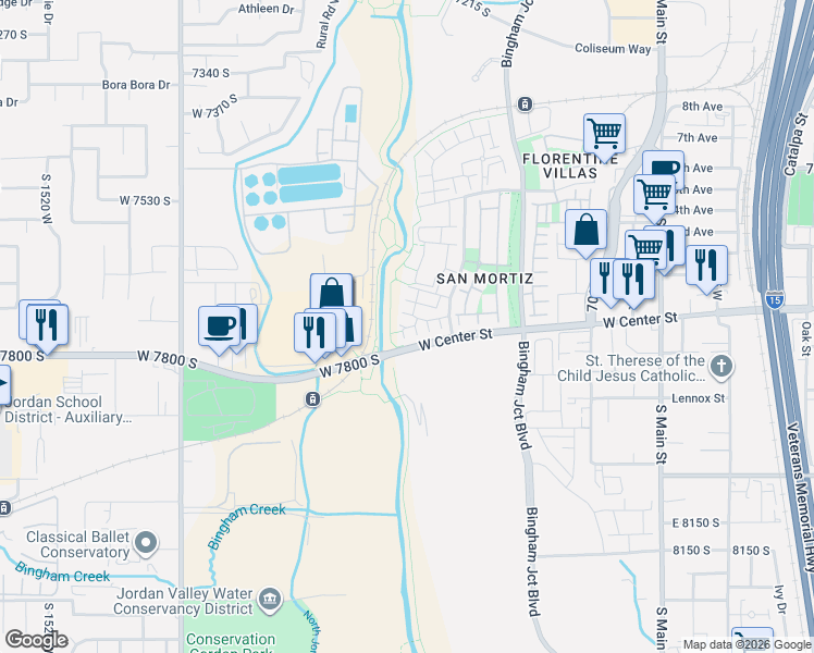map of restaurants, bars, coffee shops, grocery stores, and more near 7756 Rooftop Drive in Midvale