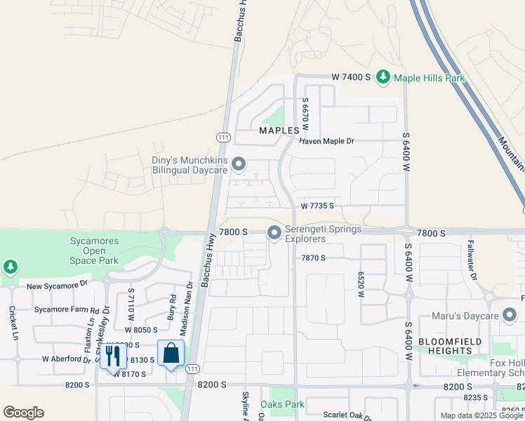 map of restaurants, bars, coffee shops, grocery stores, and more near 6812 Callery Lane in West Jordan