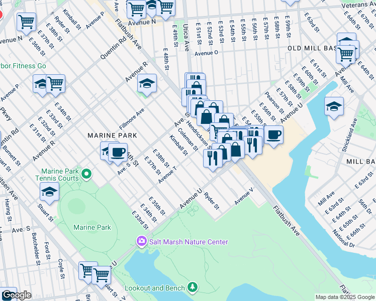 map of restaurants, bars, coffee shops, grocery stores, and more near 2069 Coleman Street in Brooklyn