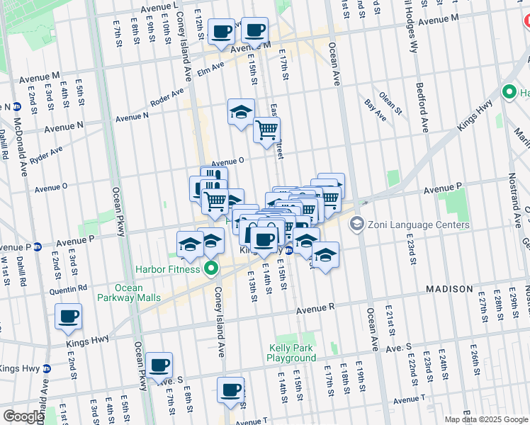 map of restaurants, bars, coffee shops, grocery stores, and more near 1580 East 15th Street in Brooklyn