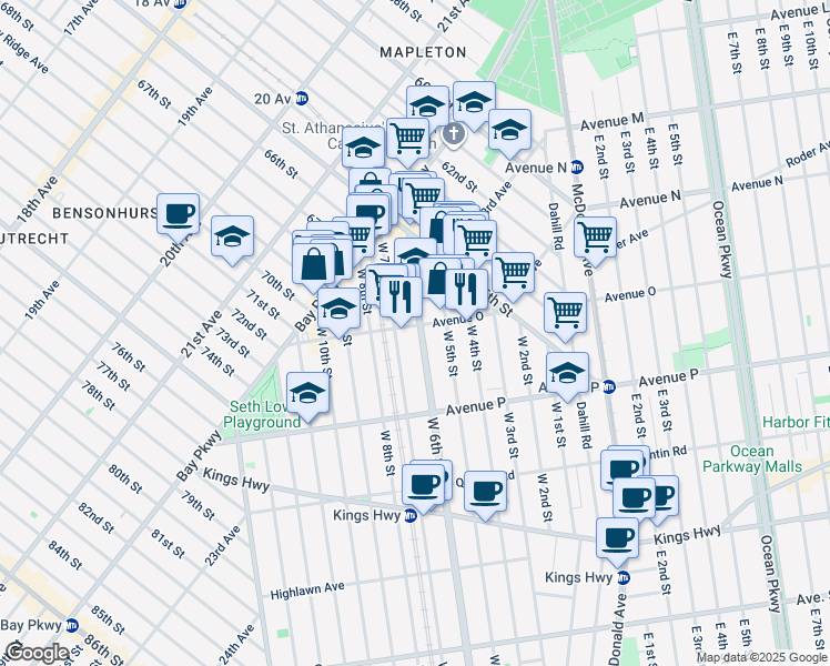 map of restaurants, bars, coffee shops, grocery stores, and more near 1407 West 6th Street in Brooklyn