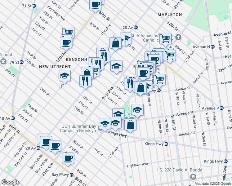 map of restaurants, bars, coffee shops, grocery stores, and more near 2112 72nd Street in Brooklyn