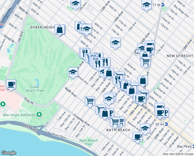 map of restaurants, bars, coffee shops, grocery stores, and more near 8622 15th Avenue in Brooklyn