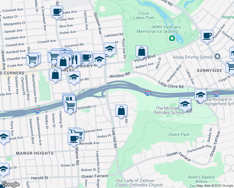 map of restaurants, bars, coffee shops, grocery stores, and more near 66 Melhorn Road in Staten Island