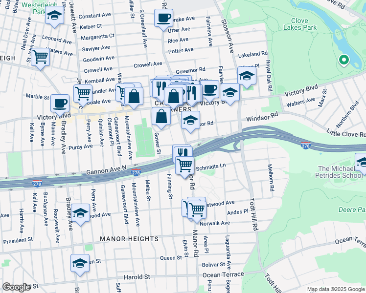 map of restaurants, bars, coffee shops, grocery stores, and more near 27 Elvin Street in Staten Island