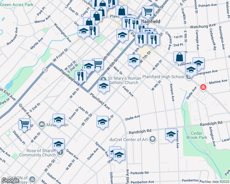 map of restaurants, bars, coffee shops, grocery stores, and more near 452 West 7th Street in Plainfield