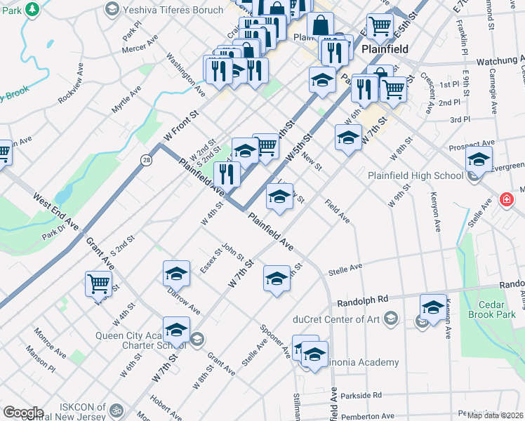 map of restaurants, bars, coffee shops, grocery stores, and more near 529 West 5th Street in Plainfield