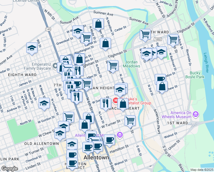 map of restaurants, bars, coffee shops, grocery stores, and more near 409 Liberty Street in Allentown