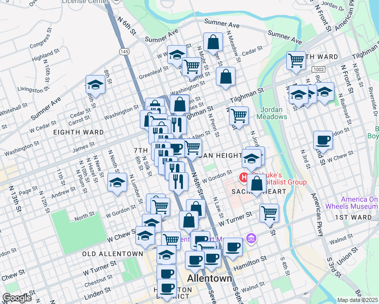 map of restaurants, bars, coffee shops, grocery stores, and more near 537 North Law Street in Allentown