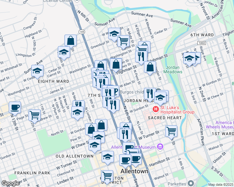map of restaurants, bars, coffee shops, grocery stores, and more near 602 North 6th Street in Allentown