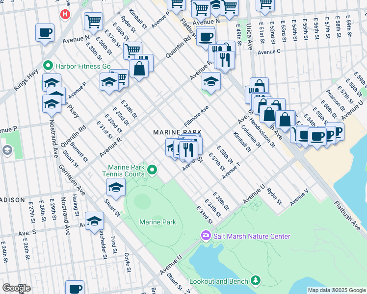 map of restaurants, bars, coffee shops, grocery stores, and more near 1940 East 36th Street in Brooklyn