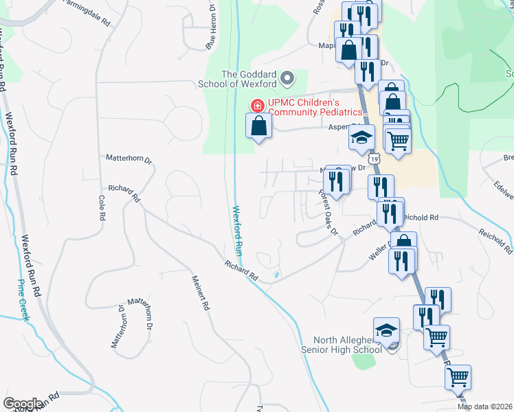 map of restaurants, bars, coffee shops, grocery stores, and more near 10551 Timber Edge Drive in Wexford