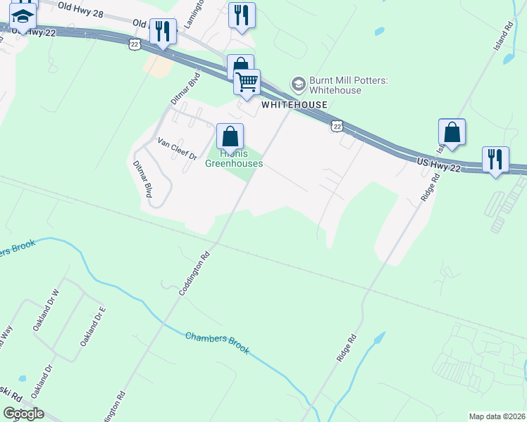 map of restaurants, bars, coffee shops, grocery stores, and more near 21 Coddington Road in Readington Township