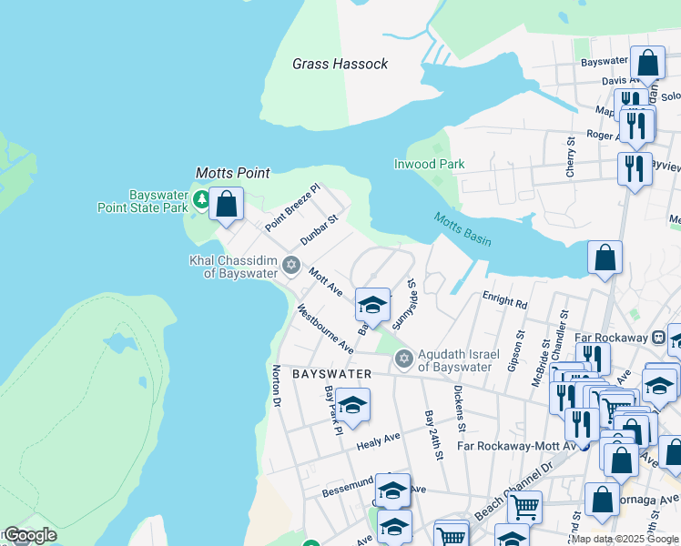 map of restaurants, bars, coffee shops, grocery stores, and more near 14-76 Egmont Place in Queens