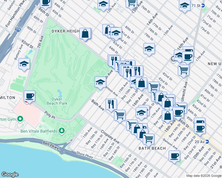 map of restaurants, bars, coffee shops, grocery stores, and more near 84 Bay 8th Street in Brooklyn