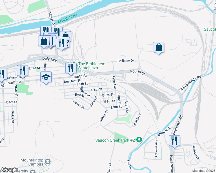 map of restaurants, bars, coffee shops, grocery stores, and more near 1521 East 6th Street in Bethlehem