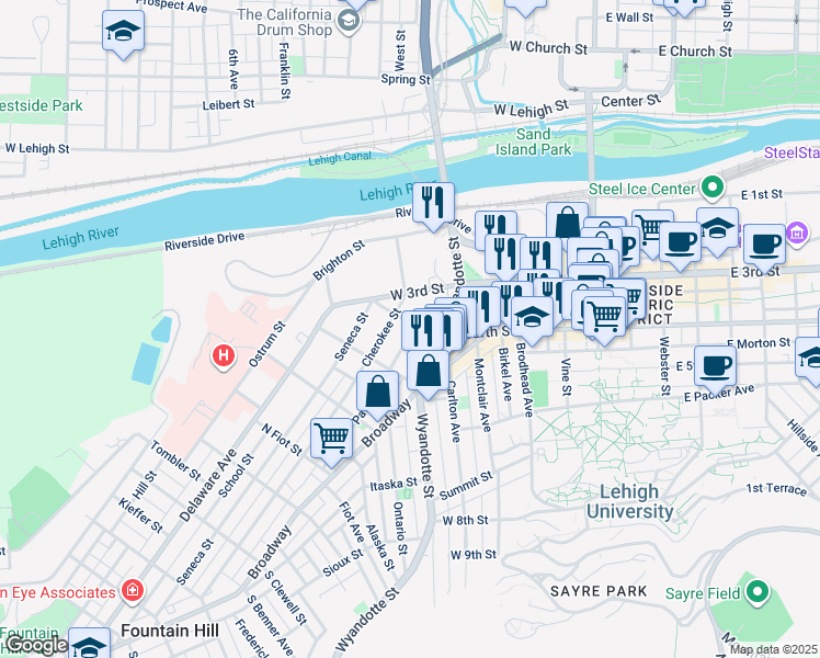 map of restaurants, bars, coffee shops, grocery stores, and more near 406 Pawnee Street in Bethlehem