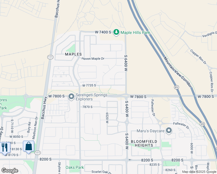map of restaurants, bars, coffee shops, grocery stores, and more near 6513 West 7735 South in West Jordan