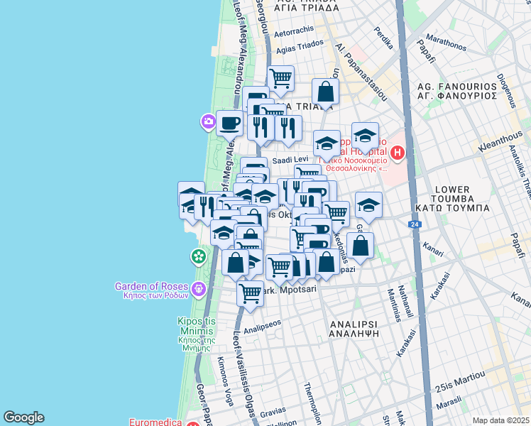 map of restaurants, bars, coffee shops, grocery stores, and more near in Thessaloniki
