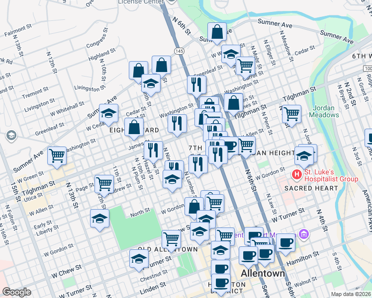 map of restaurants, bars, coffee shops, grocery stores, and more near 637 North Refwal Street in Allentown