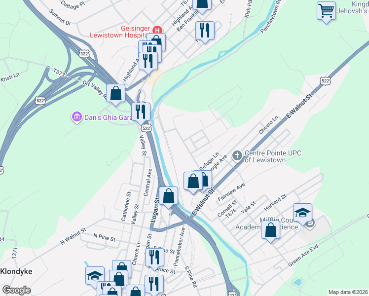 map of restaurants, bars, coffee shops, grocery stores, and more near 4 Oakland Avenue in Lewistown