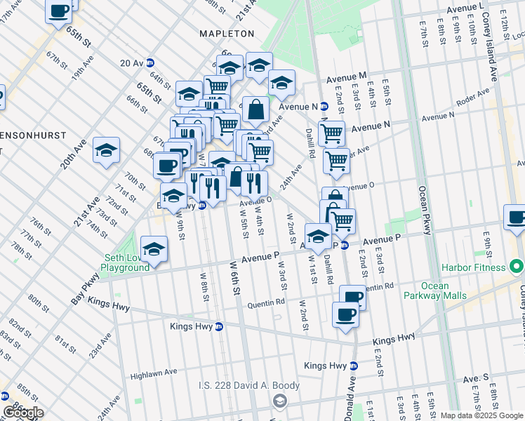 map of restaurants, bars, coffee shops, grocery stores, and more near 1515 West 4th Street in Brooklyn