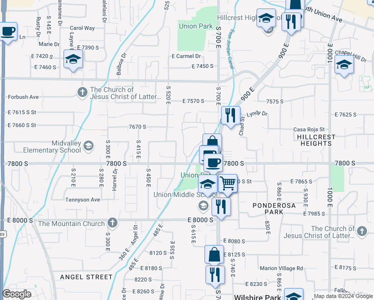 map of restaurants, bars, coffee shops, grocery stores, and more near 7775 Briarsprings Drive in Midvale