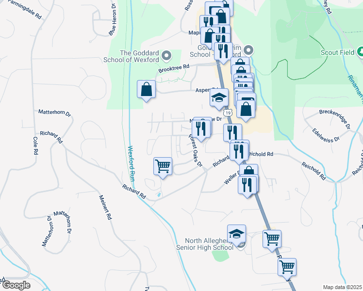 map of restaurants, bars, coffee shops, grocery stores, and more near 10570 Forest Oaks Drive in Wexford