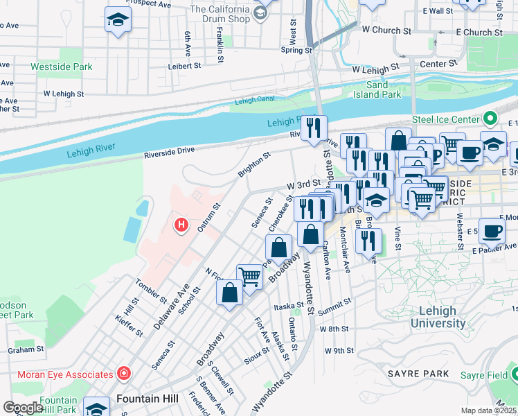 map of restaurants, bars, coffee shops, grocery stores, and more near 435 Seneca Street in Bethlehem