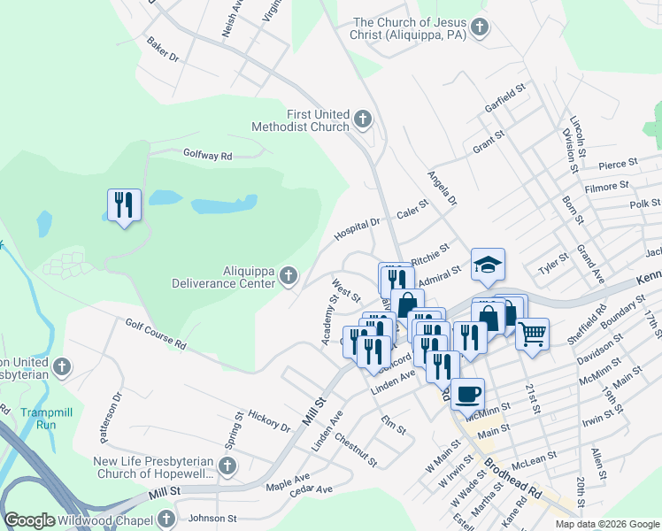 map of restaurants, bars, coffee shops, grocery stores, and more near 2381 Hospital Drive in Aliquippa