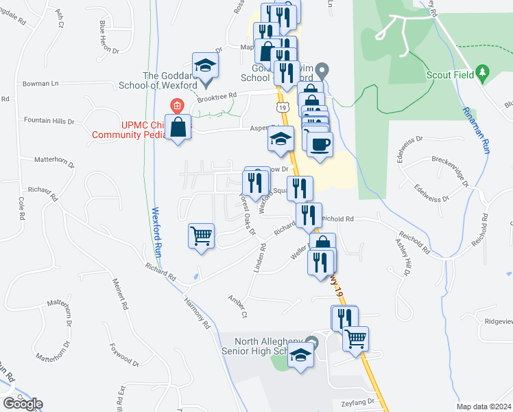 map of restaurants, bars, coffee shops, grocery stores, and more near 10545 Perry Highway in Wexford