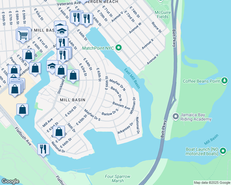 map of restaurants, bars, coffee shops, grocery stores, and more near 250 Mayfair Drive South in Brooklyn