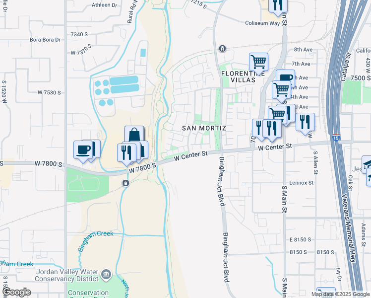 map of restaurants, bars, coffee shops, grocery stores, and more near 1001 West Rooftop Drive in Midvale