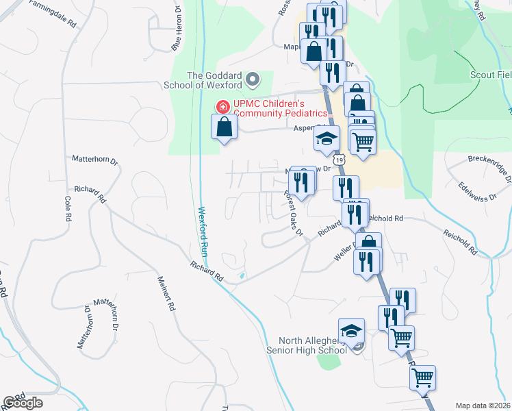map of restaurants, bars, coffee shops, grocery stores, and more near 10557 Cherry Grove Court in Wexford