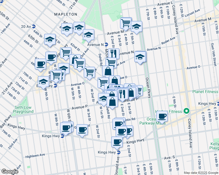 map of restaurants, bars, coffee shops, grocery stores, and more near 1712 McDonald Avenue in Brooklyn