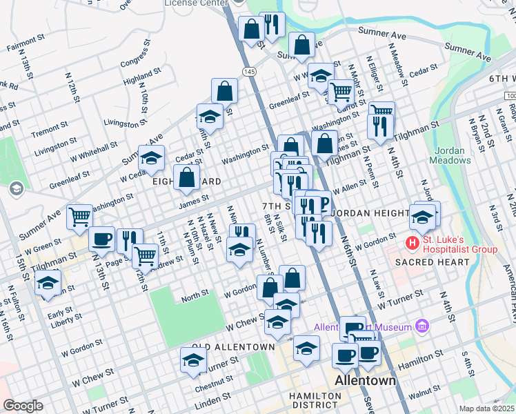 map of restaurants, bars, coffee shops, grocery stores, and more near 637 North Refwal Street in Allentown