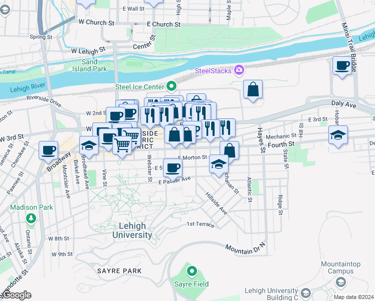 map of restaurants, bars, coffee shops, grocery stores, and more near in Fountain Hill