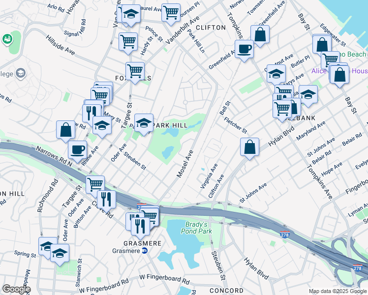 map of restaurants, bars, coffee shops, grocery stores, and more near 45 Leewood Loop in Staten Island