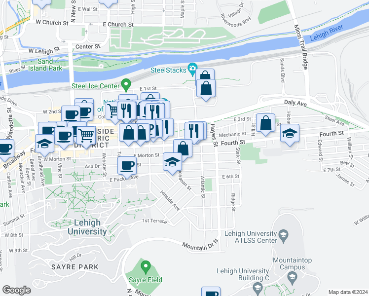 map of restaurants, bars, coffee shops, grocery stores, and more near 712 East 4th Street in Bethlehem