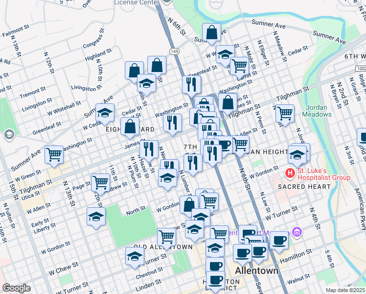 map of restaurants, bars, coffee shops, grocery stores, and more near 618 North Eighth Street in Allentown